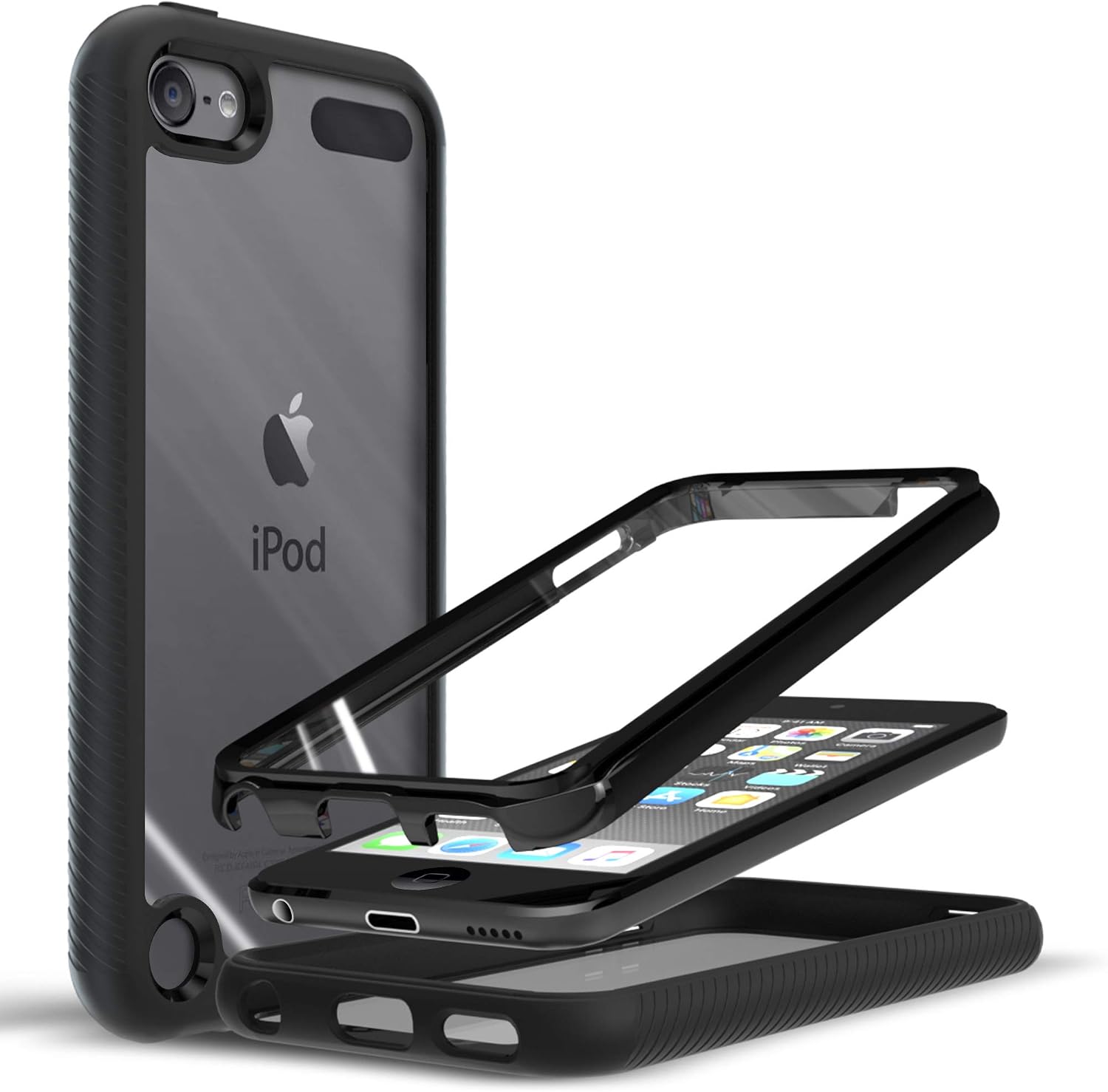 PZOZ Case Compatible for iPod Touch 7th 6th 5th Generation, Built-in Screen Protector, Shockproof TPU Bumper & Crystal Clear Back, Dual Layer Rugged Cover for iPod Touch 7 6 5 Gen Black