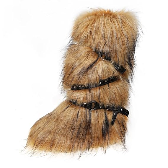Faux Fur Boots for Women Long Furry Knee High Boots Comfy Warm Plush Snow Boots Winter Fuzzy Outdoor Boots Fluffy Indoor Flat Shoes