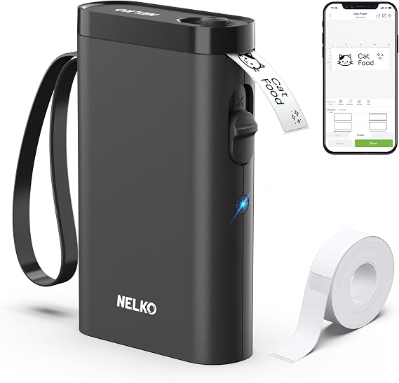 Nelko P21 Label Maker Machine with Tape, Bluetooth Label Printer, Black | Creative App & Multiple Templates, Inkless Printing, Built-in Cutter, Ideal for School, Teacher Supplies, Office, and Home