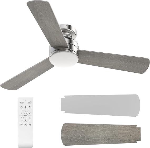 Ceiling Fans with Lights, 42" Modern Low Profile Ceiling Fan with Light and Remote Control, 3CCT, 6 Speeds Reversible DC Motor, Noiseless, Nickel LED Ceiling Fan for Bedroom, Living,Indoor/Outdoor Use