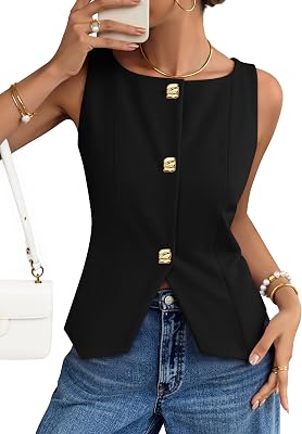 ZESICA Womens Summer Sleeveless Suit Vest 2026 Boat Neck Button Down Formal Vest Tops Casual Trendy Work Blazer Waistcoat