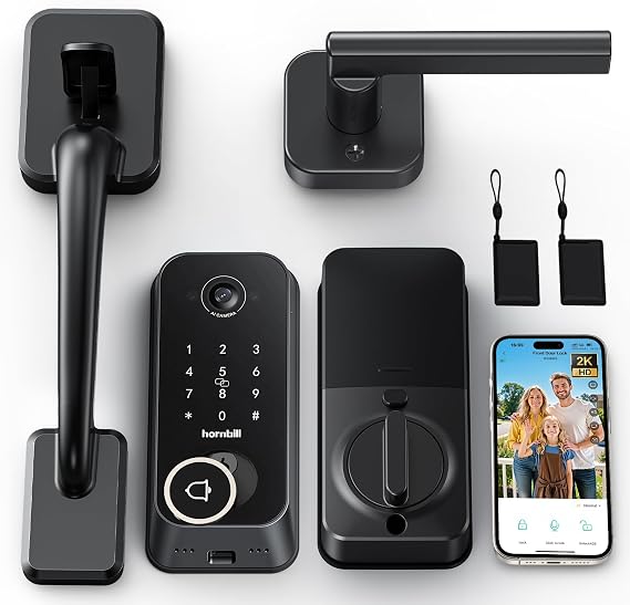 Smart Front Door Lock Sets: 2K HD Camera Lock with Doorbell Kits, Hornbill Fingerprint Keyless Entry Door Lock with Handles, WiFi Deadbolt(only 2.4G) for Remote Control, Free APP/Alexa/PIR, Black