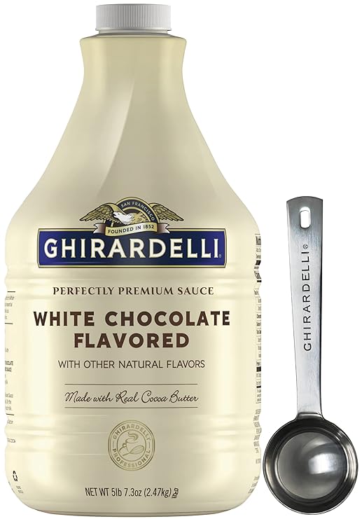 Ghirardelli White Chocolate Flavored Sauce 87.3 Ounce Bottle with Ghirardelli Stamped Barista Spoon