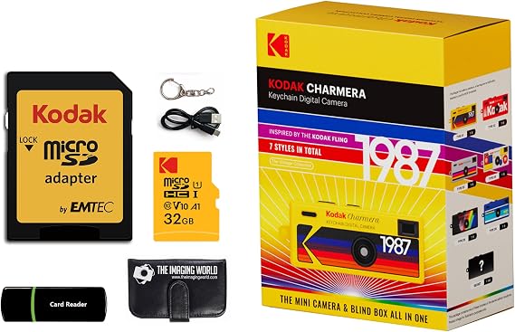 Kodak Charmera Key Chain Digital Camera (Random Style Blind Box) with 32 GB Micro SDHC Card and Reader, Memory Card Wallet Bundle