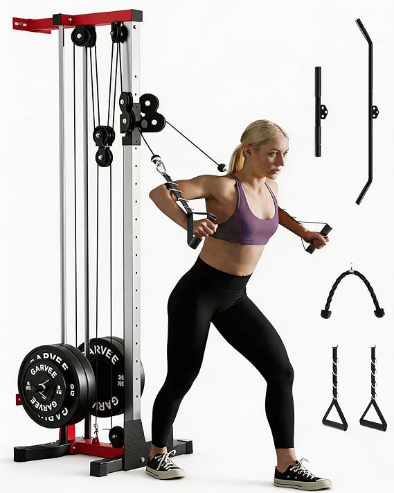 LAT Pulldown Machine 3 in 1 LAT Row Cable Machine Home Gym LAT Tower with Leg Hold Down Attachment and More Handle Replacement Fitness Exercise Upper Body Workout Strength Training Machine, Red
