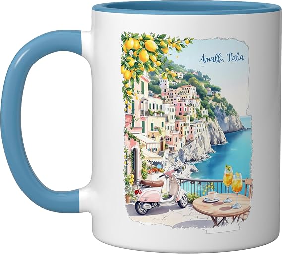 Amalfi Italy View Art Design Amalfi Coast Italia Souvenir Ceramic Mug, Blue/White, 11oz