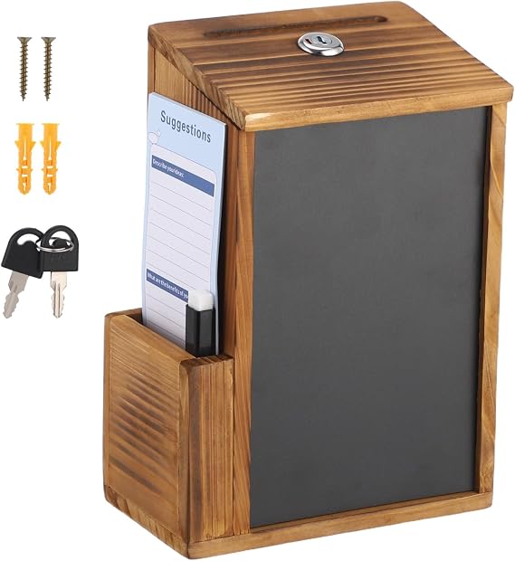 Lockable Wooden Suggestion Box, Wall-Mounted Ballot & Donation Box with Removable Chalkboard and Card Slot, Multipurpose Container for Office, Church Fundraising, Voting & Opinion Collection