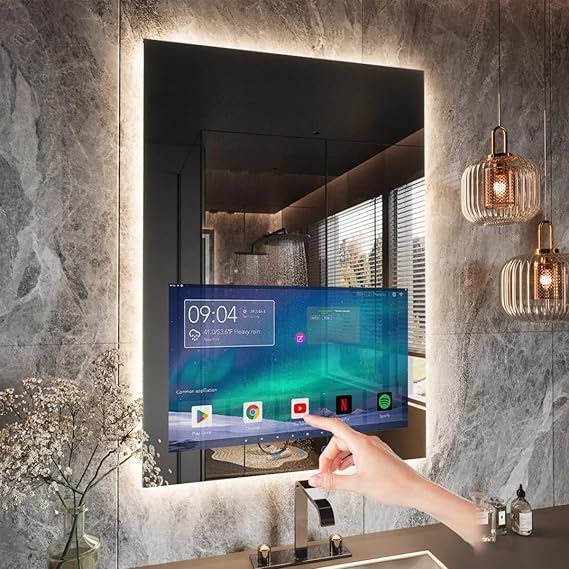 24x32 Inch LED Smart Bathroom Mirror with 21.5" Hidden Touchscreen,Anti-Fog,IP66 Waterproof,Android System,3-Color LED Lighting,Built-in Speakers,Clock&Weather Display,WiFi Bluetooth HDMI,Wall-Mounted