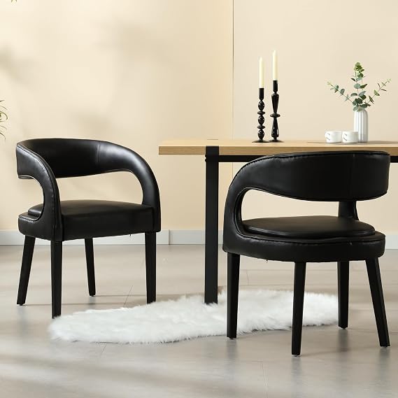 Shunzhi Black PU Leather Dining Chairs Set of 2, Modern Upholstered Dining Room Chairs, Barrel Kitchen Chairs with Arms/Open Back, Comfy Accent Side Chairs for Bedroom/Living Room