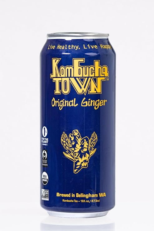 Organic Kombucha Tea Drink by Kombucha Town | Live Cultured Sparkling Energy Drink | Original Ginger Flavor | 16 Oz Can, 12-Pack