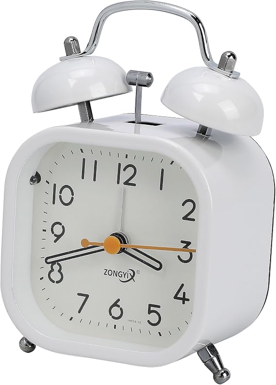 Square Mechanical Alarm Clock, Traditional Dual Bell Design, Loud Alarm, Meatl Casing for Heavy Sleepers White 8.5cm x 5.7cm x 11.8cm