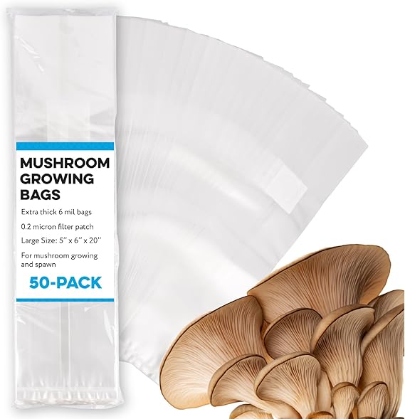 Impresa Mushroom Grow Bags 50-Pack - 6 Mil, 6 x 5 x 20 in Clear Floor-Standing Bags - Autoclavable with 0.2 Micron Filter Patch - Tear-Resistant Plastic for Cultivation