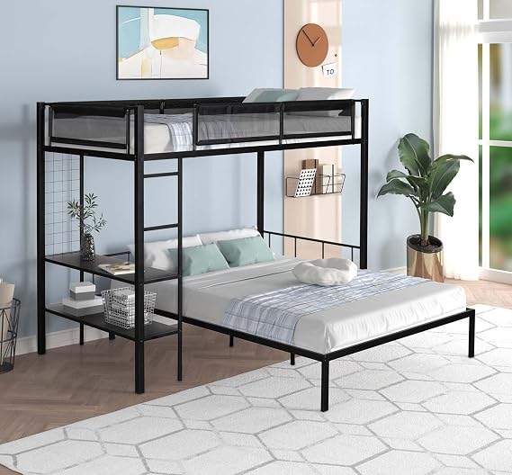 Twin Over Full Metal Bunk Bed, Separated Full Size Bed, Functional Metal Bunk Bed with 2 Storage Shelves and Breathable Textilene Guardrail, No Box Spring Needed for Bedroom Dorm