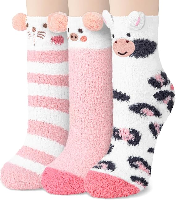 YSense Womens 3 Pairs Cozy Winter Warm Fluffy Soft Cute Animal Home Slipper Socks, A-baby Pink, Medium