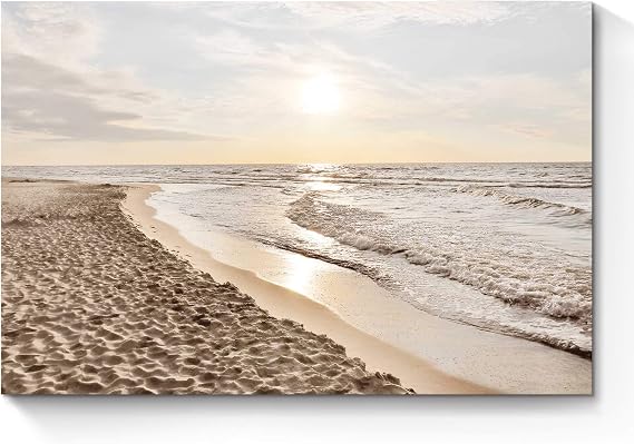SunFlax Tranquil Sunset Beach Scenery Canvas Wall Art 36"x24" | Calm Ocean Wave Picture, Seascape Shoreline Prints, Coastal Seaside Painting, Dusk Seashore Artwork for Dining Room, Bedroom