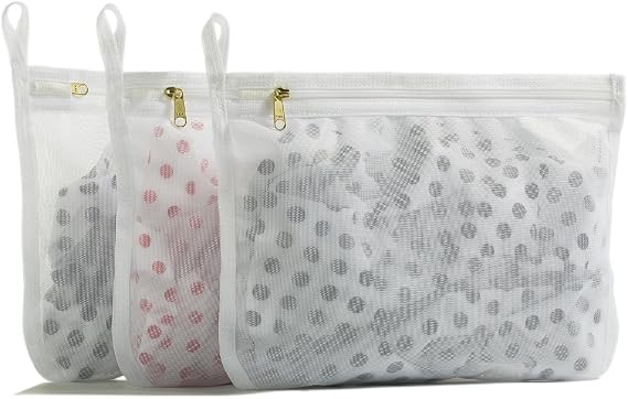 TENRAI Delicates Laundry Bags, Bra Fine Mesh Wash Bag for Underwear, Lingerie, Bra, Pantyhose, Socks, Use YKK Zipper, Have Hanger Loops, Small Openings (White, 3 Small)