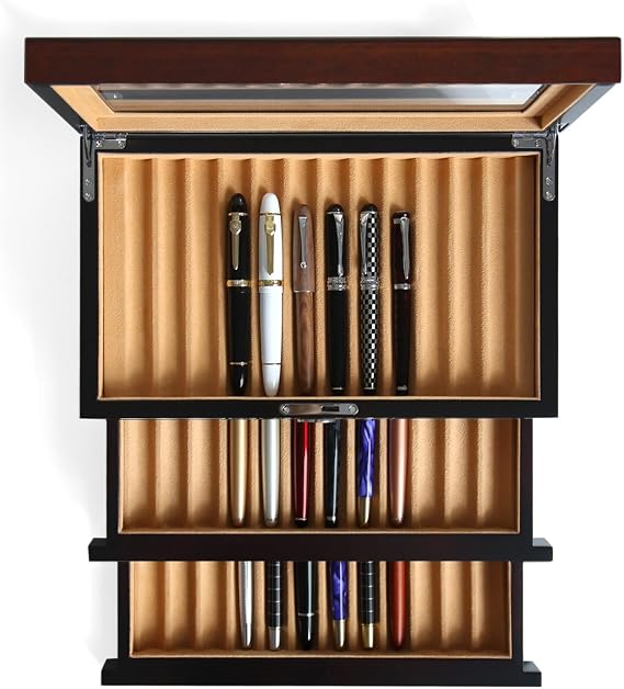 Wood Pen Display case 36 Slot Fountain Pen Box Storage Organizer with Drawer, Top Glass Window Pen Collection Display Case