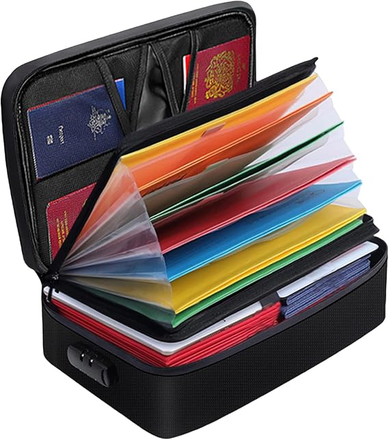 Fireproof Document Box File Organizer with Lock, Fireproof Document Bag Waterproof Fire Proof File Boxes Travel Important Document Organizer Holder Portable File Organizer Document Storage (Black)