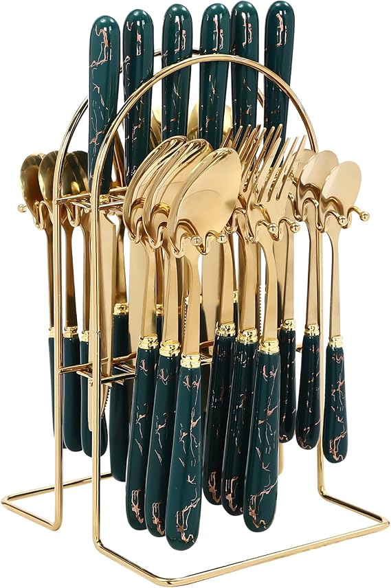 24-Piece Cutlery Set with Stand, Service for 6, Stainless Steel Flatware Set for Family Meals and Gatherings-Dark Green