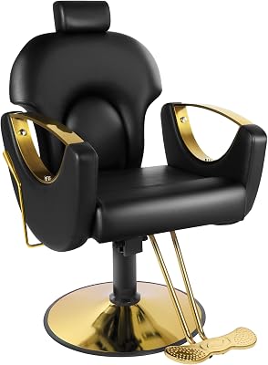 Barber Chair Reclining Salon Chair for Hair Stylist, Reclining 360 Swivel Adjustable Headrest Hydraulic Hair Armchair for Hairdressers Black Gold