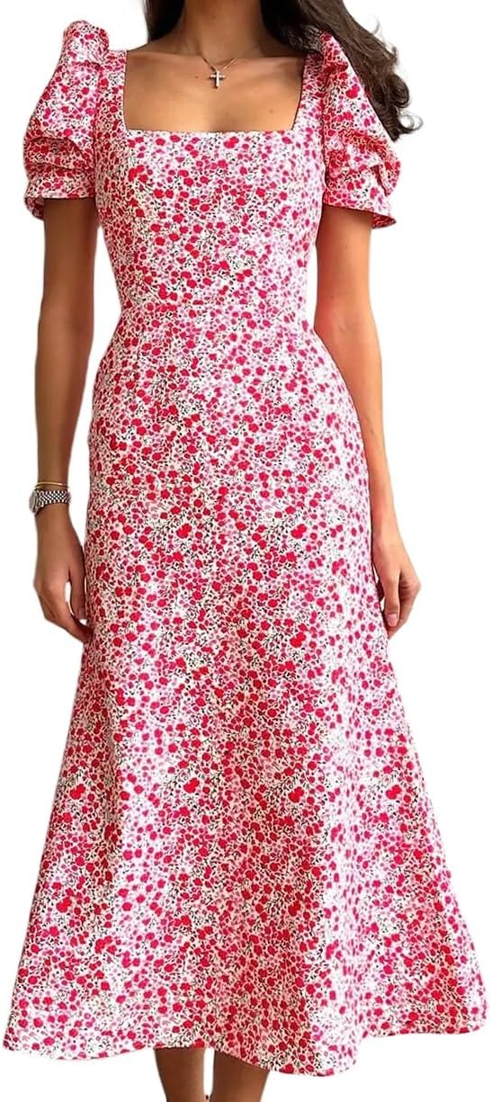 Women Floral Short Puff Sleeve Long Dress Flowy A Line Flowers Print Maxi Dress Square Neck Elegant Party Midi Dress