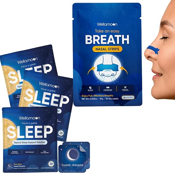 Wellamoon Sleep & Nasal Strip Bundle Night-time Patch + Nasal Breathing Strips for Better Rest & Comfort