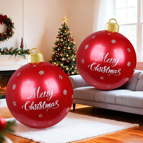 2 Pcs Giant Christmas Balls Ornament Xmas PVC Inflatable Ball Ornaments for Christmas Holiday Outdoor Blow up Yard Lawn Porch Indoor Decor