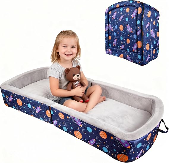 Portable Toddler Travel Bed Foldable Toddler Bed with Washable Cover Toddler Floor Beds for Home,Travel & Camping, Soft Foam Cots for Kids Aged 18M+, No Assembly, Blue