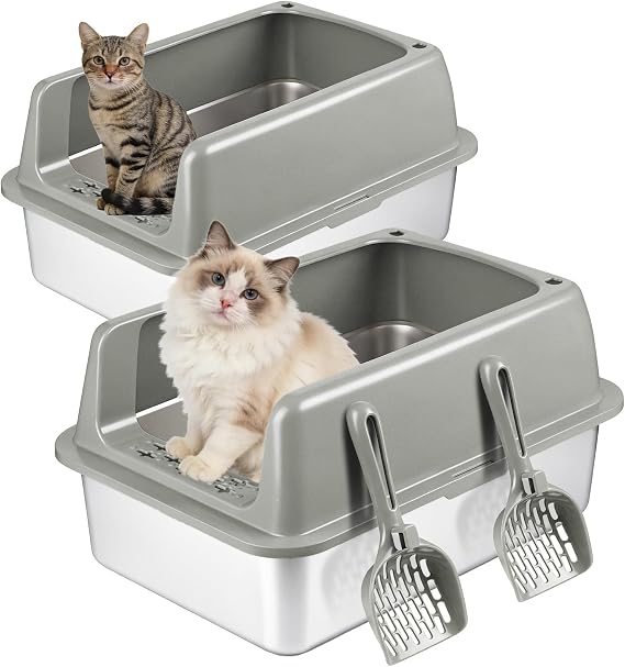 Kirecoo 2 Pack Large Semi-Enclosed Stainless Steel Cat Litter Box with Lid | Scoop Included, Sturdy Metal Box, Anti-Leakage, Odor Free, Easy to Clean, For Big Cats & Kittens, Multi-Cat Friendly