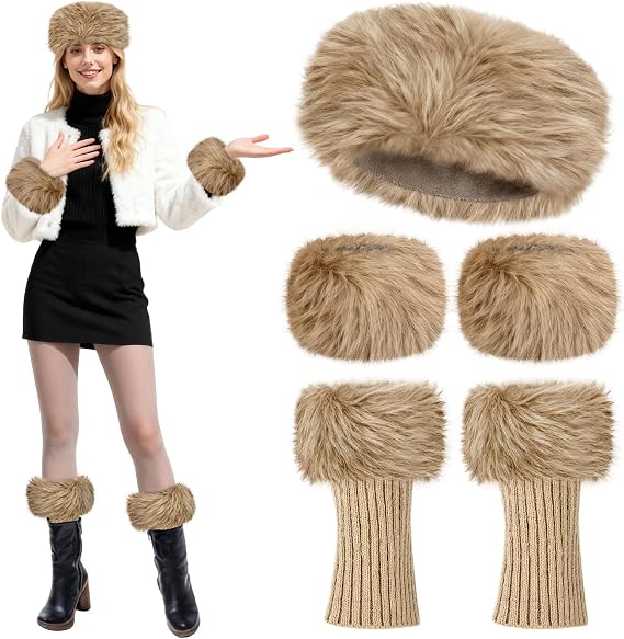 5 Pieces Faux Fur Headband with Stretch Furry Leg Warmers and Fur Wrist Cuffs for Womens Winter Costumes Accessories