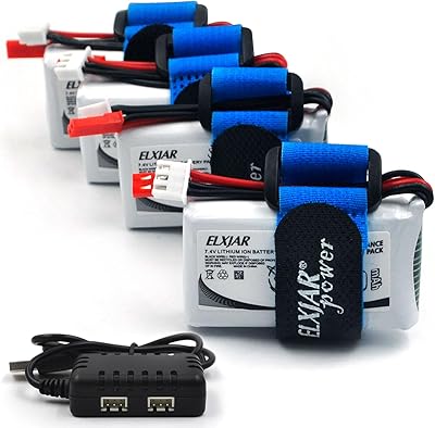 4-Pack High Capacity 7.4V 1000mAh 20C Li-Po 2S Battery with JST Plug and Balance Charger for V912 V333 V262 V353 Quadcopters and RC Devices