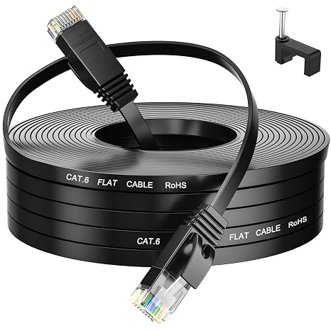 MEIPEK Cat 6 Flat Internet Cable 50m Ethernet Cable 50 Meters Extra Long Slim Network Rj45 High Speed Gigabit 250Mhz Black LAN for Modem Router