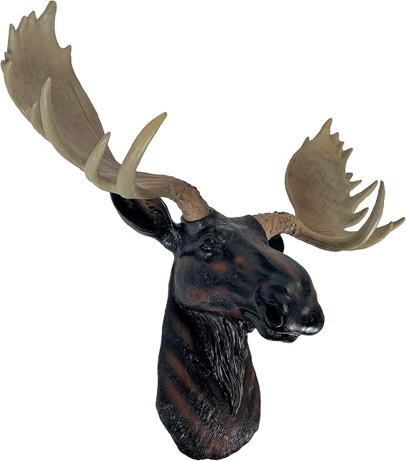 DWK Moose Head Wall Sculpture, 23 Inch Brown Resin Lodge Decor | Textured Fur and Antler Detail, Painted Finish, Flat-Back Bust Mount, Indoor or Dry Covered Display