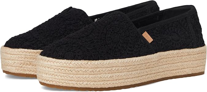 TOMS Women's Valencia Platform Espadrille, Textile Upper, Ortholite Insole, Black Crochet Lace, 9.5