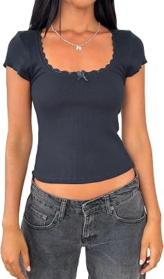 Nituyy Women Square Neck Shorts Sleeve Lace Trim Crop Tops Slim Fit Ribbed Cropped Shirts Top Y2K Shirt Going Out Tops Tee Grey, S, Small