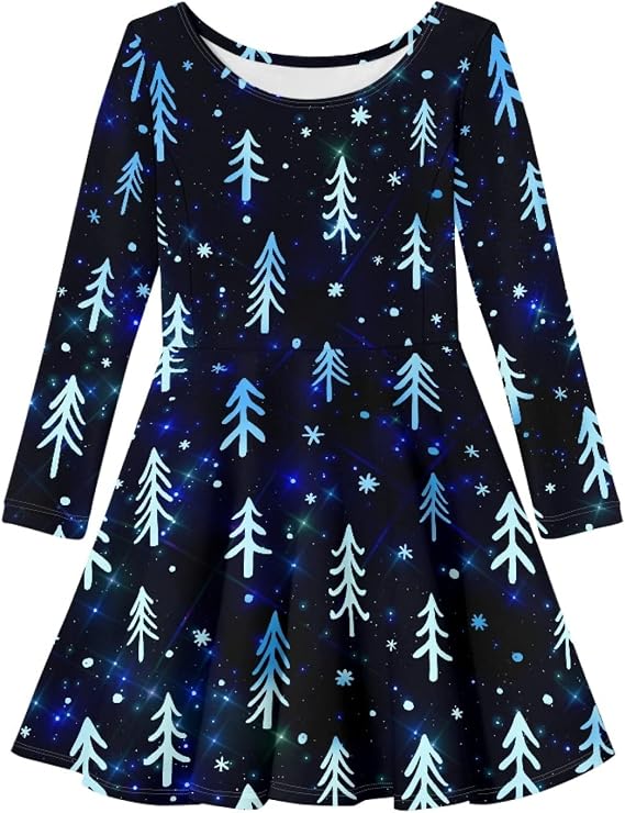 Girls Casual Long Sleeve T Shirt Dress Twirly Swing Graphic Print Novelty A Line Dress