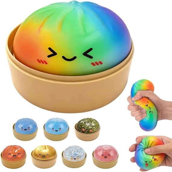 Dumpling Squishies Toys, Mystery Squishy Dumpling Box, Squishy Fidget Squishies, Stretchy Bun with Mini Food Steamer Desk Fidget Toy for Adults Office Home (Dazzling)