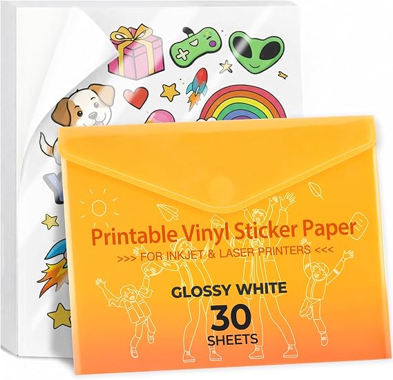 JANDJPACKAGING Printable Vinyl Sticker Paper, Glossy White, 8.5"x11"