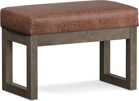 SIMPLIHOME Milltown 27" Wide Vegan Leather Ottoman in Saddle Brown