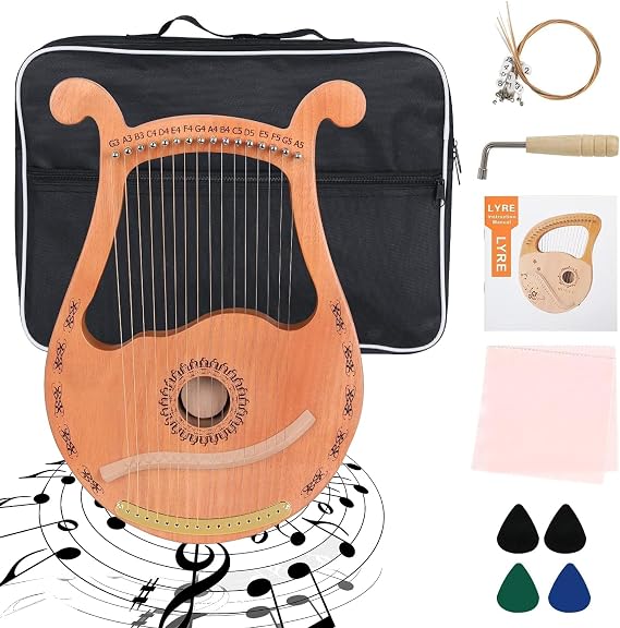 Lyre Harp 16 Strings Mahogany Wood Lyre Harp with Tuning Wrench, Pick, 16 Spare String Set, Black Gig Bag and Instruction Manual for Beginners Instruments Lovers