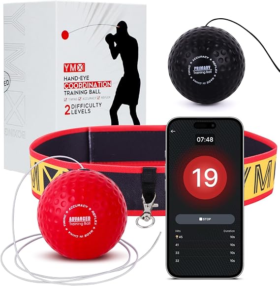 YMX BOXING Training Reflex Ball with Counter App - Adjustable Elastic Headband, Light Weight Soft Foam Balls - Improve Coordination, Reaction Speed, Focus, Accuracy - Cardio Sports Exercise Equipment