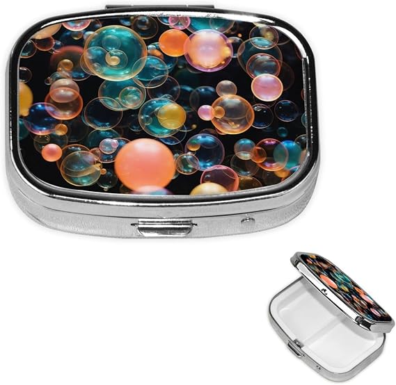 Soap Bubbles Pill Case Portable Square Pill Box 2 Compartment Pill Organizer Cute Travel Pill Container Vitamin Organizer for Purse Pocket Travel Gift