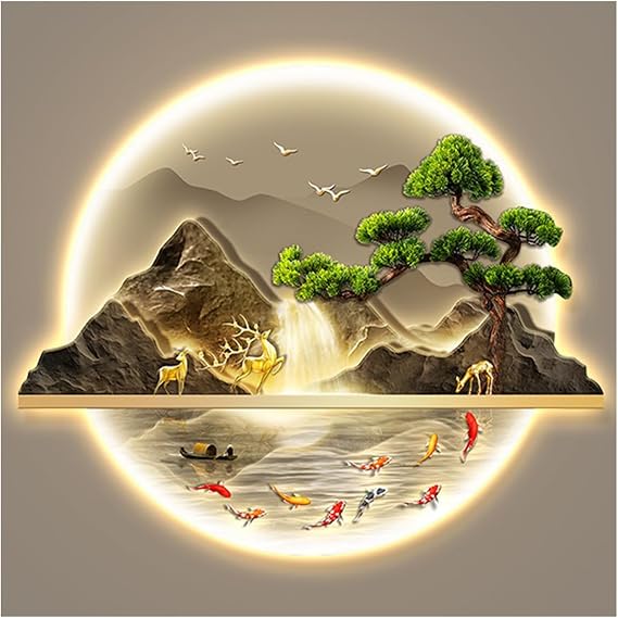 Wall Art Decor, 3D Wall Sculptures Painting Hanging Wall Art With Led Light, Decorative Wall Mounted Lamp, Oriental Decor Traditional Chinese Wall Hanging Painting,Home Entrance corridor, 72*60cm