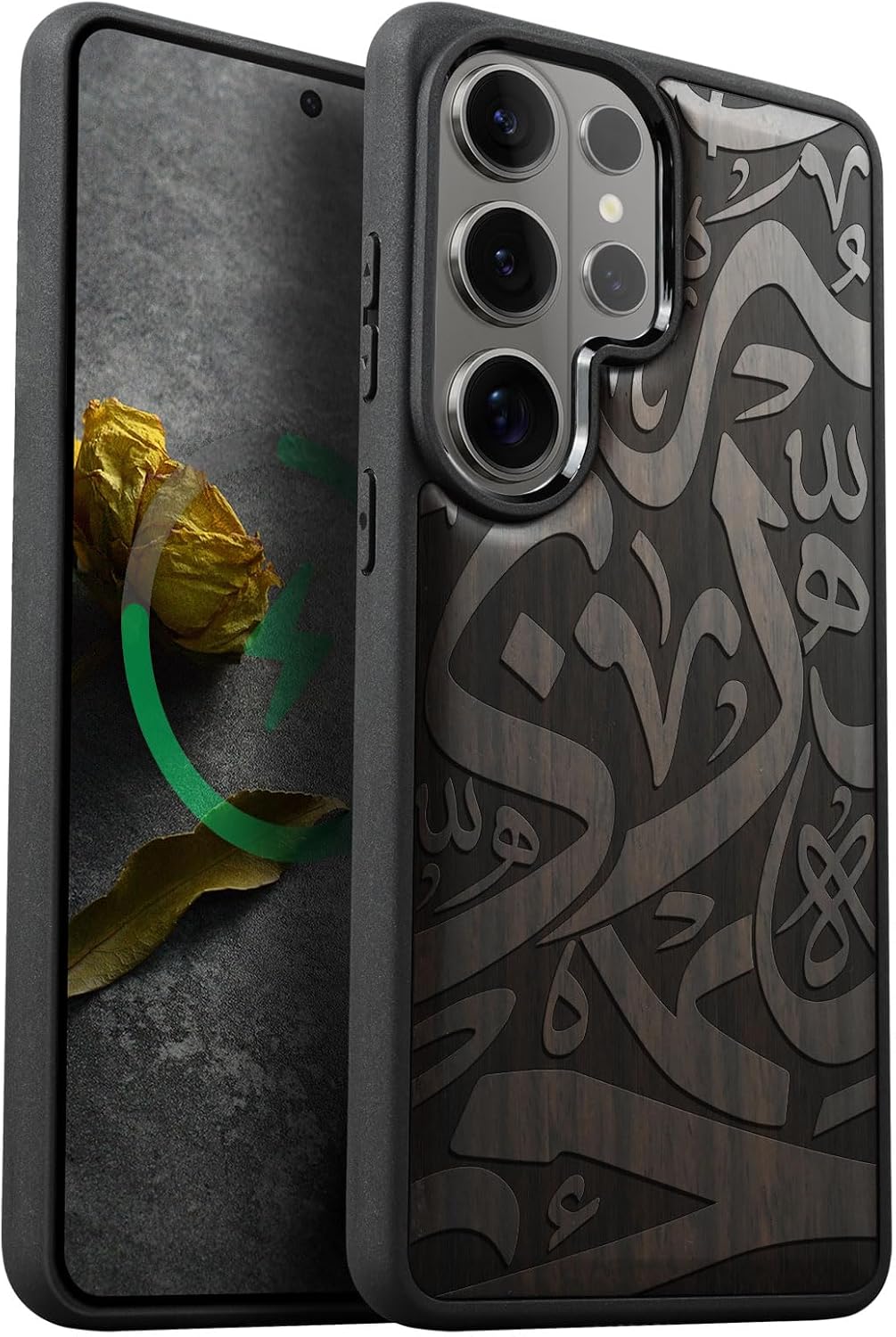Carveit Wooden Mobile Phone Case for Samsung S26 Ultra Cover Compatible MagSafe [Wood and TPU Silicone Hybrid Case] Magnetic Case for Galaxy S26 Ultra 5G Case (Dark Wood Whispers of Alphabets)