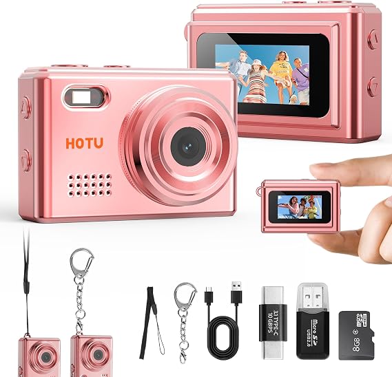 HOTU Mini Keychain Digital Camera, Y2K Pocket-Size Mini Camera, 2MP 1080P Small Camera with 8GB Card, Video Recorder with Long Battery Life for Travel, Party and Vlog (Rose Gold)
