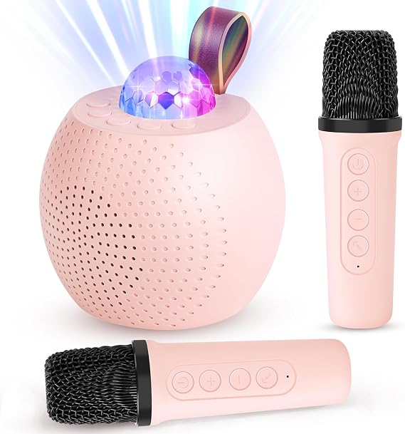 Mini Karaoke Machine for Kids Adults, Bluetooth Speaker with 2 Wireless Microphones, Portable Microphone Speaker with Colorful LED Disco Lights for Home Party, Birthday Gifts for Kids Girls Boys