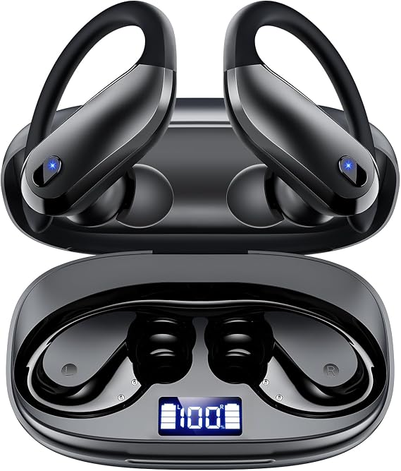 KTGEE Wireless Earbuds 5.3 Bluetooth with Earhooks, IPX7 Waterproof Sport Headphones, 48H Playtime, Lightweight 7.8g Earphones with Noise-Cancelling Mic for Running & Workout Black