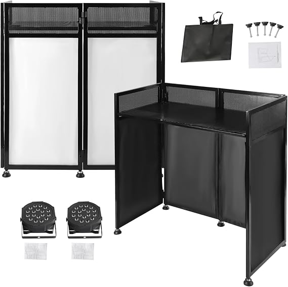 DJ Booth DJ Facade Table Station 82.7x44inch DJ Facade Booth Adjustable Height DJ Stand Foldable Metal Frame DJ Booth Panel DJ Controller Stand with 2LED 7Color Lights 2Scrims and Carrying Bag