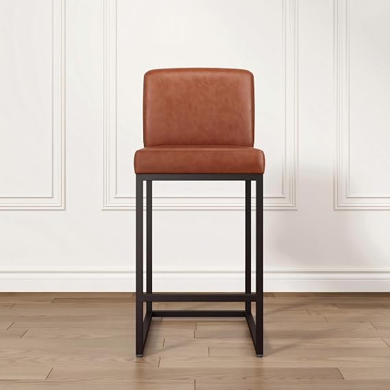 ALPHA HOME 24 Inch Bar Stools, Kitchen Counter Stools with Back, 1PC | Modern Barstools, Metal Bar Stool for Kitchen Island, Faux Leather Countertop Stools