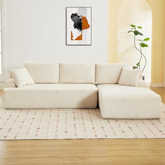 106" Cloud Modular Sectional Sofa - Luxury Modern Corduroy L-Shaped Couch with Chaise, Throw Pillows & Back Cushions - Upholstered Compression Sleeper Sofa for Living Room & Apartment, Beige, Left